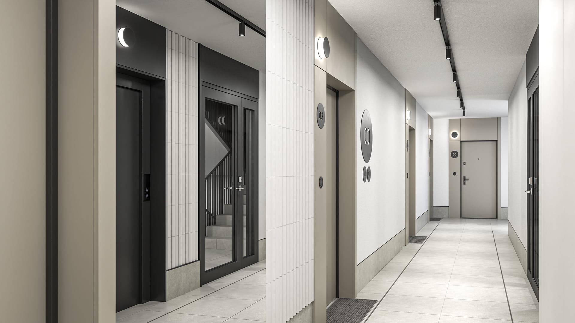 Wizualizacja Lira House wewnątrz budynku, widok wzdłuż korytarza - estetyczne i minimalistyczne oraz ergonomiczne przestrzenie wspólne