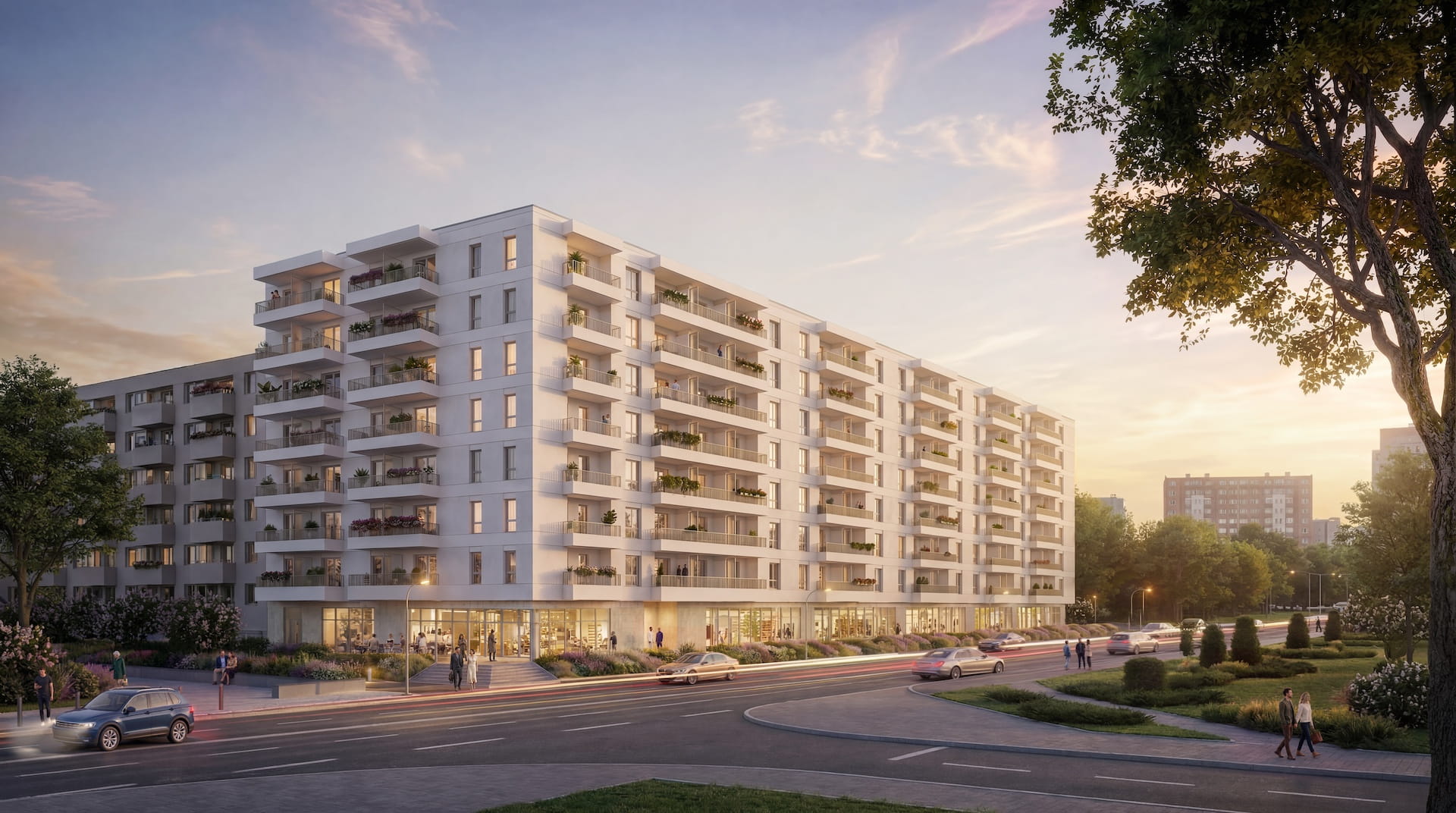 Wizualizacja Lira House od ulicy - złota godzina