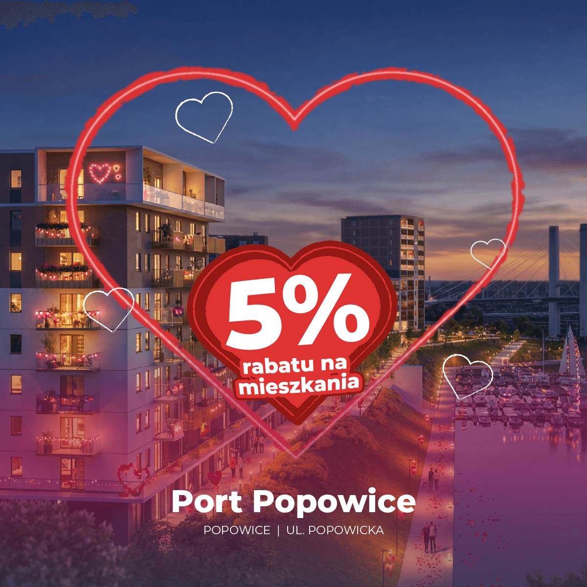 Promocja walentynkowa od serca -5% na wybrane mieszkania - baner z sercem na tle osiedla przy marinie