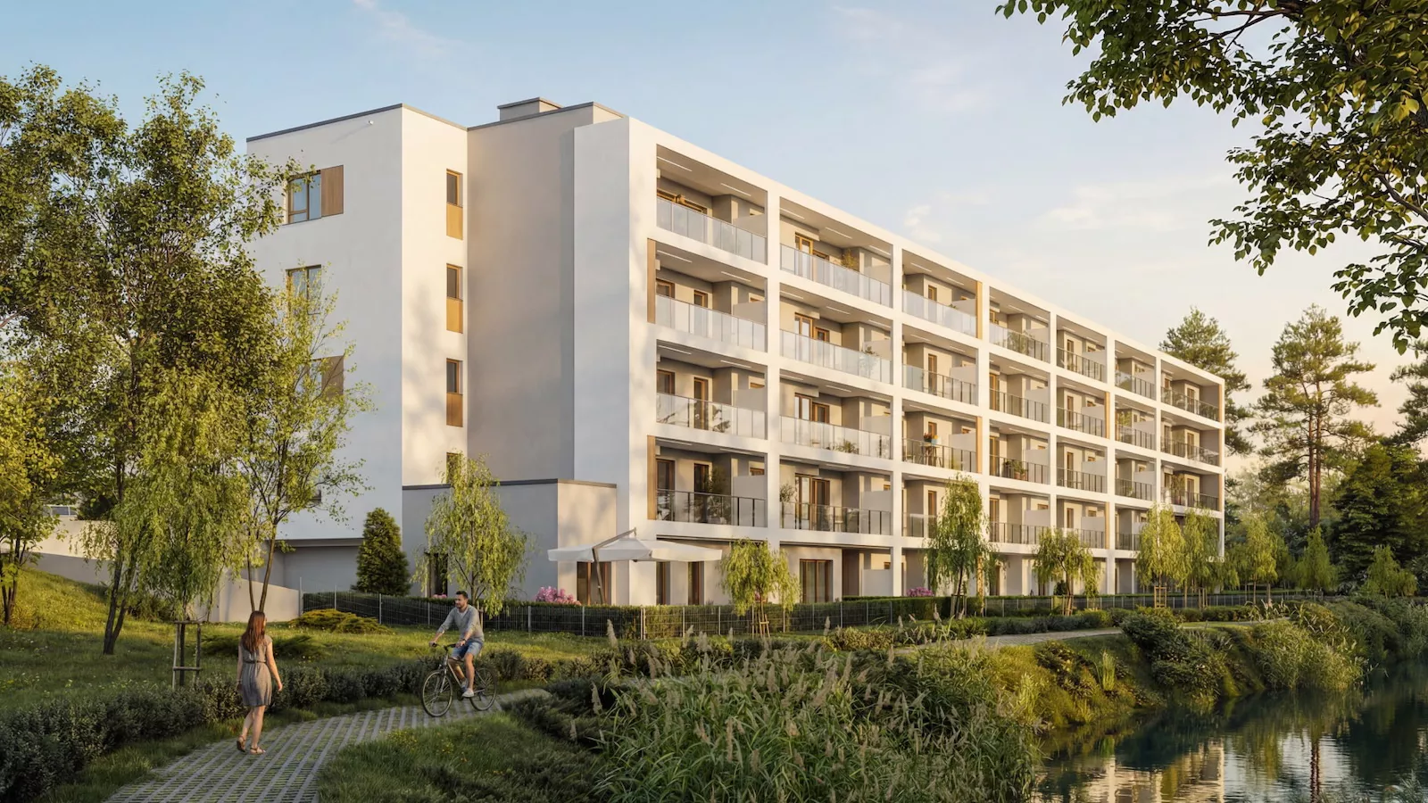 Visualization of the building in the Osiedle Kameralne estate from the pond side