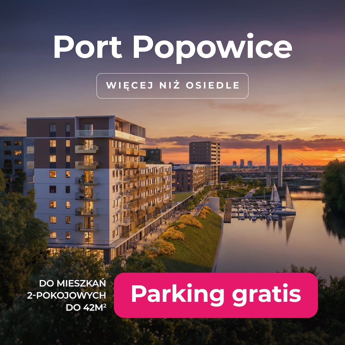 Zdjęcie nowego etapu port popowice z widokiem na marinę przy zachodzącym słońcu