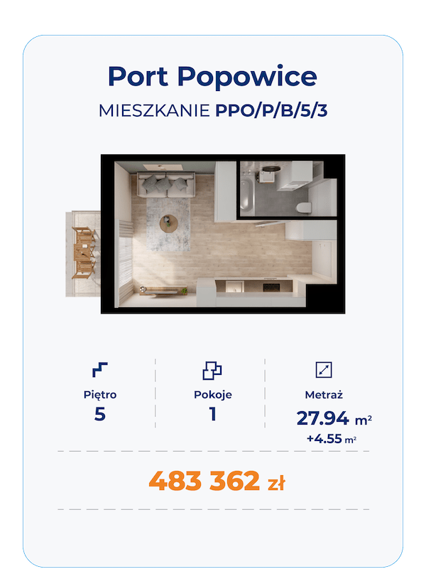 Floor plan of a one-room apartment – Port Popowice Wrocław