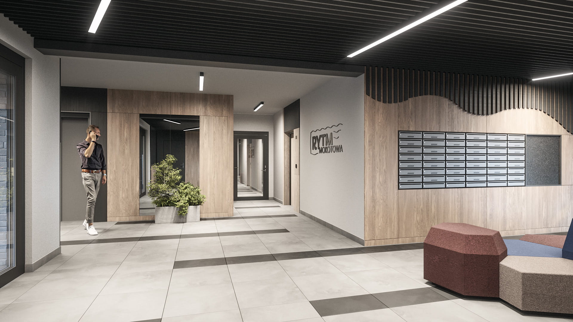 Widok osiedla Rytm Mokotowa z wewnątrz budynku