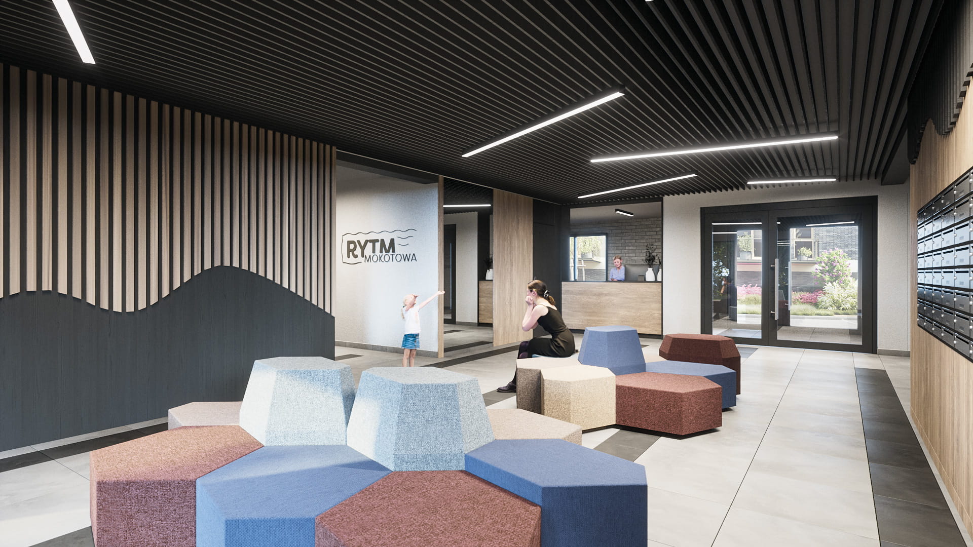 Widok osiedla Rytm Mokotowa z wewnątrz budynku - część wspólna