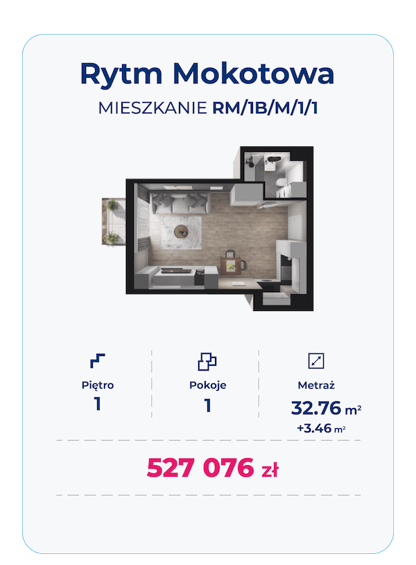 Rzut 3d mieszkania RM/1B/M/1/1