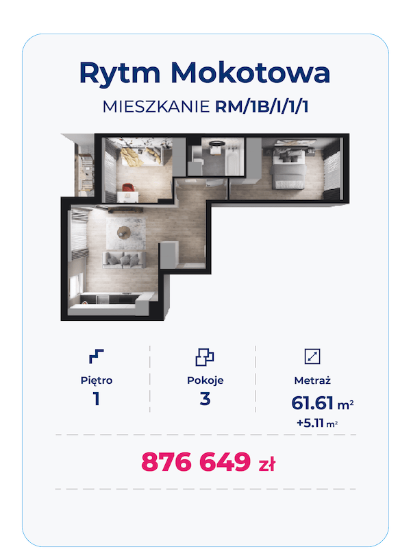 Rzut 3d mieszkania RM/1B/I/1/1