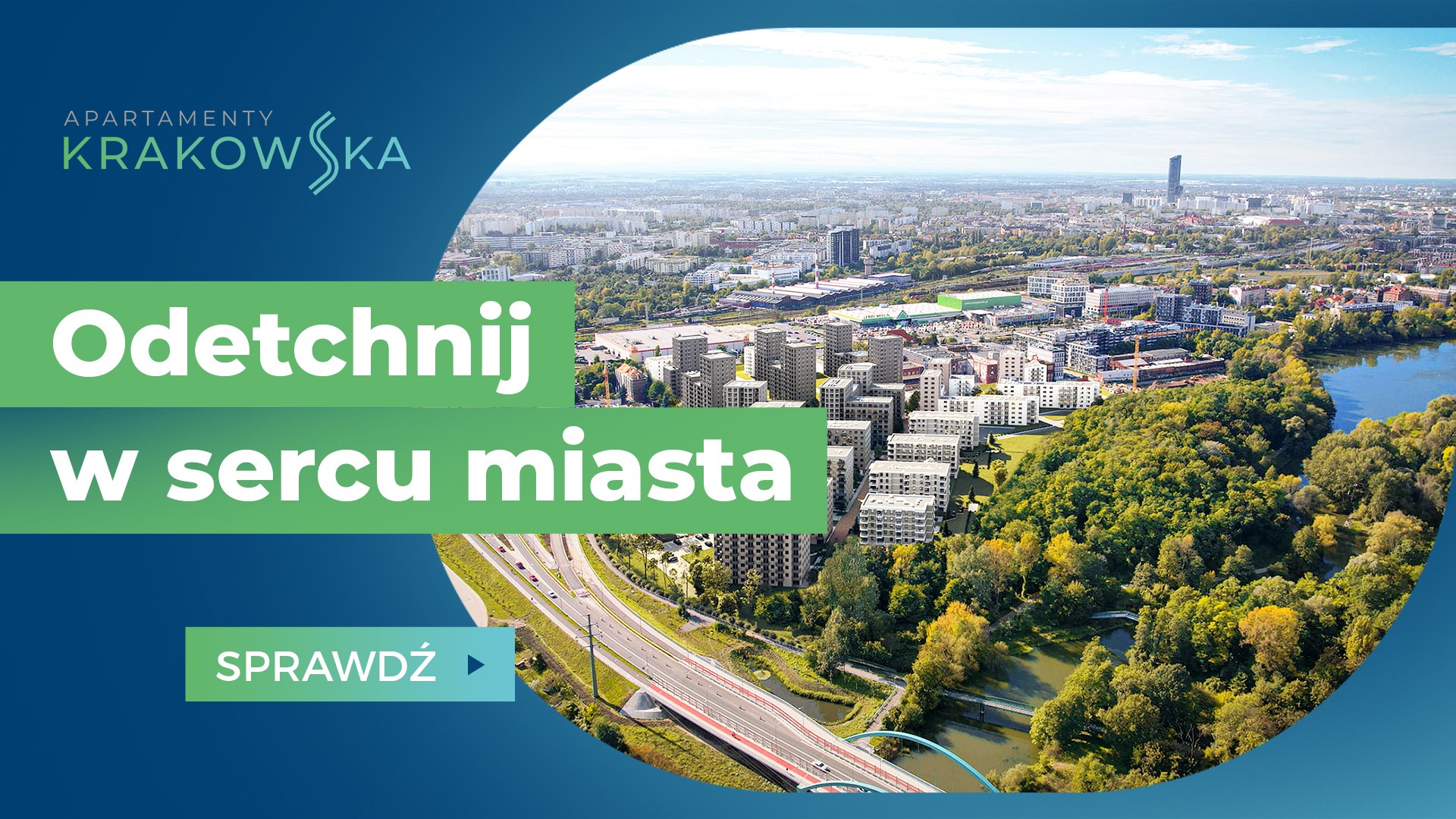 Apartamenty Krakowska - widok z powietrza nowego osiedla nad Oławką i terenów zielonych